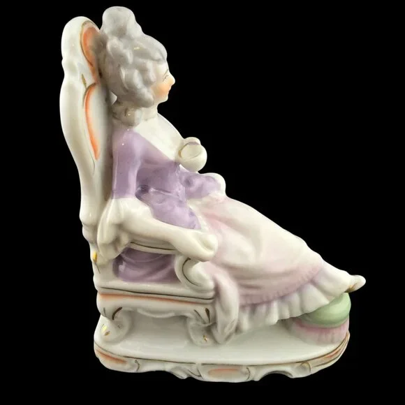 Vintage Porcelain Figurine Victorian Lady In Chair With Tea Cup Feet Up  Japan - Picture 5 of 11
